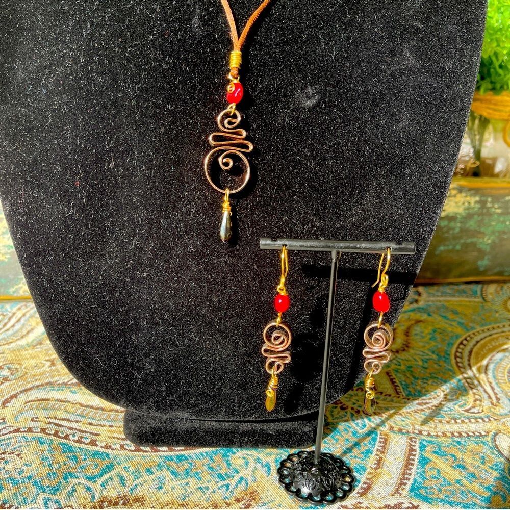 Red Coral Hematite Hand Crafted Wire Wrap Bent Metal Necklace Earrings Set